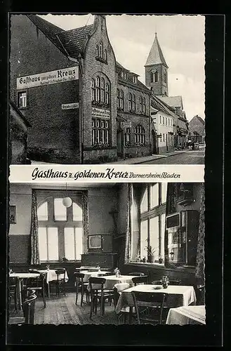 AK Durmersheim / Baden, Partie am Gasthaus zum goldenen Kreuz mit Innenansicht