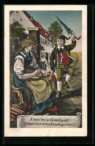 AK Dusslingen, junger Mann mit Sinnspruch geht auf ältere Dame zu, Tracht