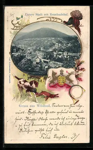 Passepartout-Lithographie Wildbad, Blick auf die Untere Stadt mit Rennbachtal, Jagdhund mit Beute, Auerhahn, Wappen