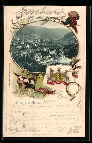 Passepartout-Lithographie Hirsau, Blick auf die Stadt, Jagdhund mit Beute, Wappen