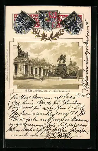 Passepartout-Lithographie Berlin, Blick auf das Kaiser Wilhelm Denkmal, Wappen