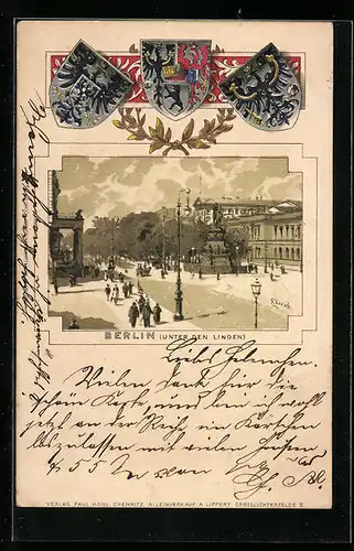 Passepartout-Lithographie Berlin, Blick in die Strasse Unter den Linden mit Denkmal Alter Fritz, Wappen