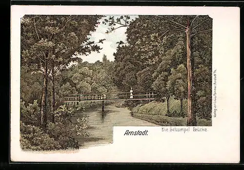 Lithographie Arnstadt, Partie bei der Schumpel Brücke