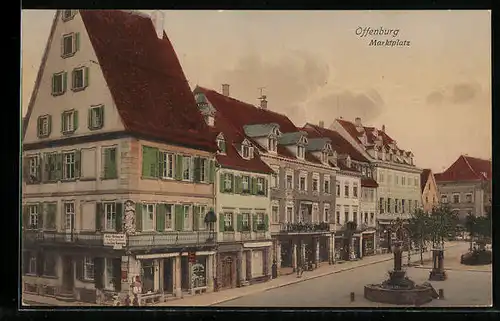 AK Offenburg, Blick auf den Marktplatz mit Geschäften, Hotel zu den drei Königen