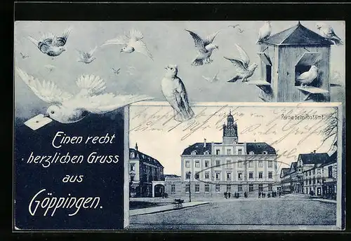 AK Göppingen, Blick auf das Postamt mit Brieftauben