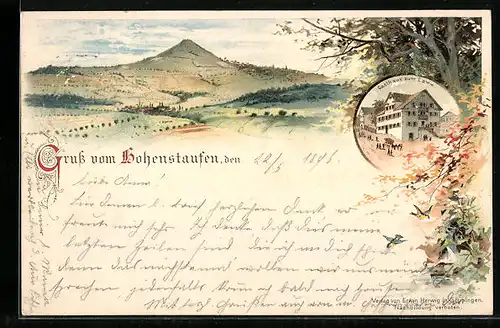 Lithographie Hohenstaufen, Fernansicht und Gasthaus zum Lamm