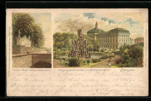 Lithographie Erlangen, Blick auf Emigrantenbrunnen mit Collegienhaus u. Donau-Main-Kanalmonument