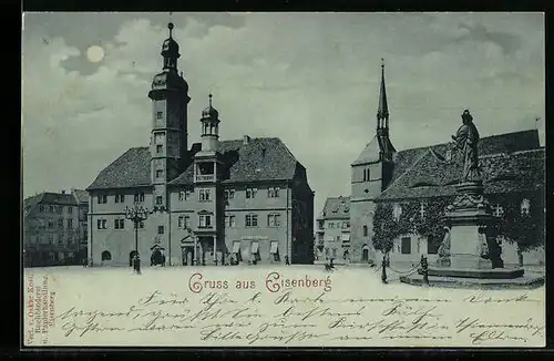 Mondschein-AK Eisenberg, Rathaus und Brunnen im Mondlicht