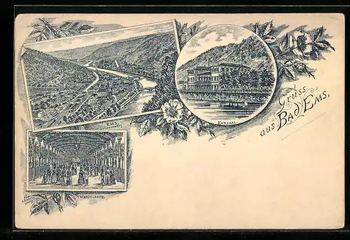 Lithographie Bad Ems, Kursaal, Wandelbahn, Teilansicht Lahnaufwärts