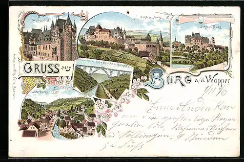 Lithographie Burg a. d. Wupper, Unterburg, Schloss Burg