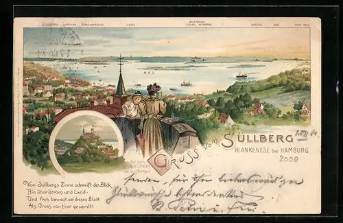 Lithographie Hamburg-Blankenese, Zwei Damen auf dem Aussichtsturm auf dem Süllberg