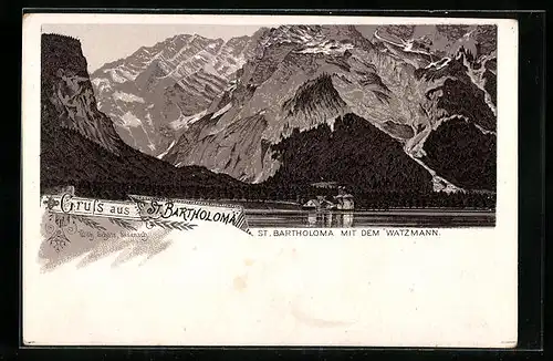 Lithographie Königsee, St. Bartholoma mit dem Watzmann