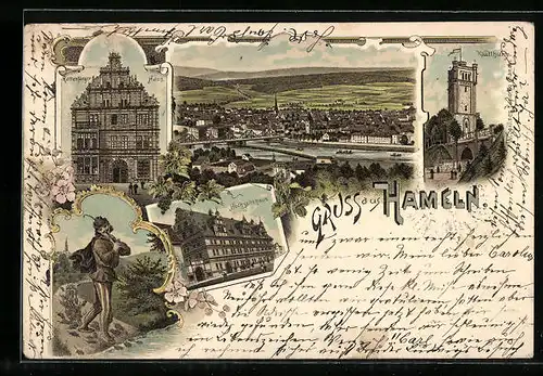 Lithographie Hameln, Teilansicht, Klütthurm, Rattenfänger, Hochzeitshaus