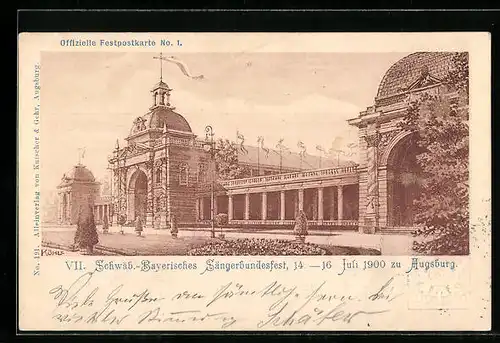 AK Ganzsache Bayern PP15 C34 /01: Augsburg, VII. Schwäb.-Bayerisches Sängerbundesfest 1900, Festhalle