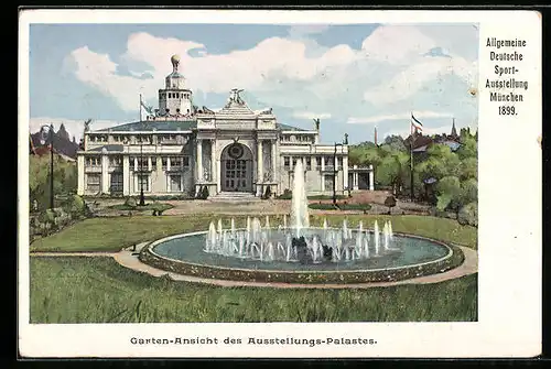 Künstler-AK Ganzsache Bayern PP15 C12 /040: München, Allgemeine deutsche Sport-Ausstellung 1899, Garten-Ansicht