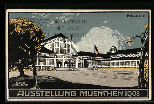 Künstler-AK Ganzsache Bayern PP15 C 144 /037: München, Ausstellung 1908, Hallen I und II