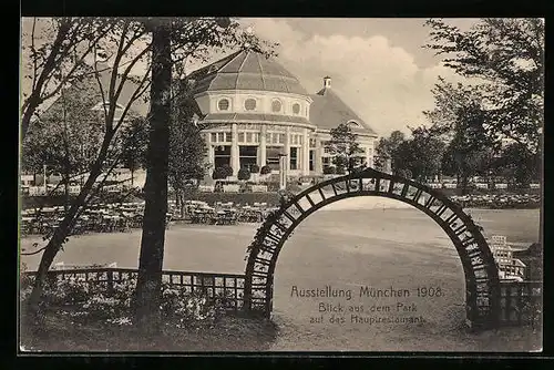 AK Ganzsache Bayern PP15 C 144 /0107: München, Ausstellung 1908, Blick aus dem Park auf das Hauptrestaurant