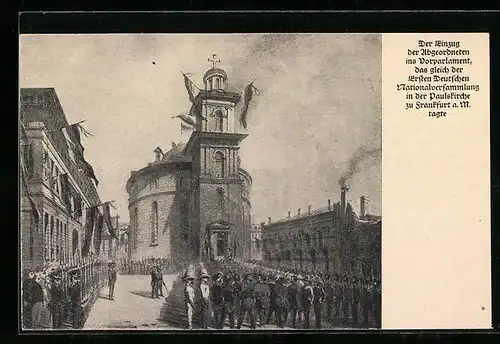 Künstler-AK Ganzsache PP65 C1 / 01: Frankfurt a. M., Einzug der Abgeordneten ins Vorparlament, Revolution 1848