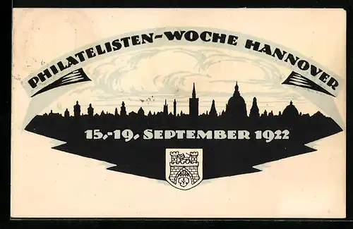 Künstler-AK Ganzsache PP61 C4 /02: Hannover, Philatelisten-Woche 1922, Stadtpanorama im Scherenschnitt