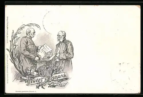 Lithographie Ganzsache PP9 E4 / 013: Fürst Bismarck beim Vortrag mit Krone