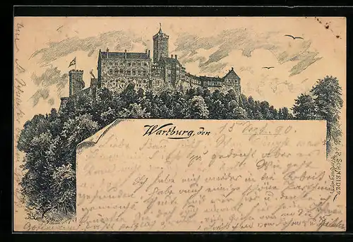 Vorläufer-Lithographie Ganzsache PP9 F 400: Wartburg, Blick zur Burg 1890