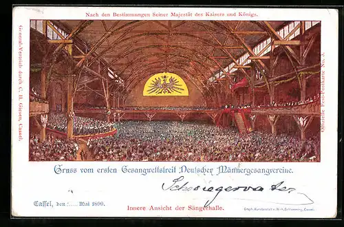 Künstler-AK Ganzsache PP9 C100 /04: Cassel, 1. Gesangwettstreit Deutscher Männergesangvereine 1899, Sängerhalle