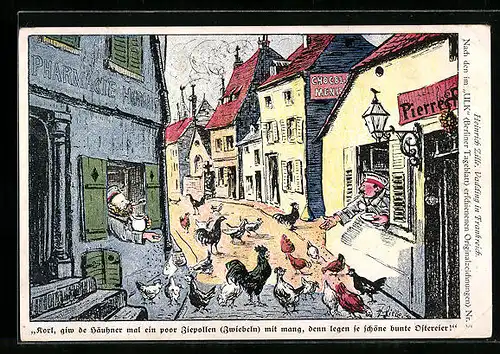 Künstler-AK Heinrich Zille: Vadding in Frankreich, Soldaten füttern Hühner aus dem Fenster