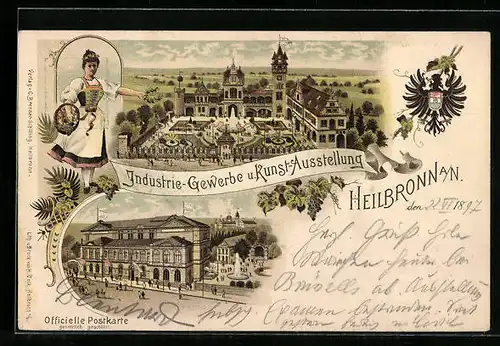 Lithographie Ganzsache Württemberg PP11 D11 /01: Heilbronn a. N., Industrie-Gewerbe u. Kunst-Ausstellung, Tracht