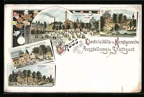 Lithographie Ganzsache Württemberg P11 D18 /03: Stuttgart, Elektrizitäs- und Kunstgewerbe Ausstellung, Gewerbedorf