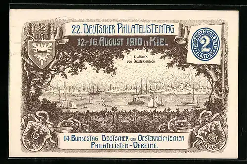 Künstler-AK Ganzsache PP23 C12 /05: Kiel, 22. Deutscher Philatelistentag 1910, Ausblick von Düsternbrook