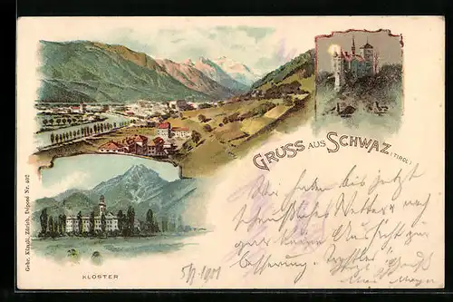 Lithographie Schwaz, Totalansicht mit Burg