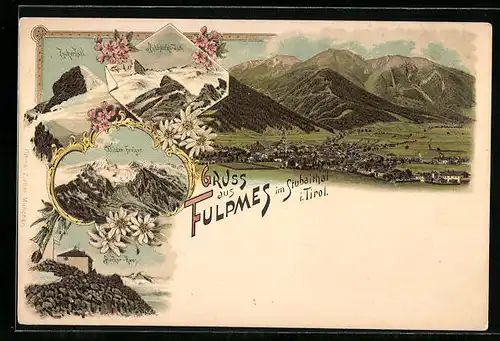 Lithographie Fulpmes, Totalansicht mit Becher-Haus