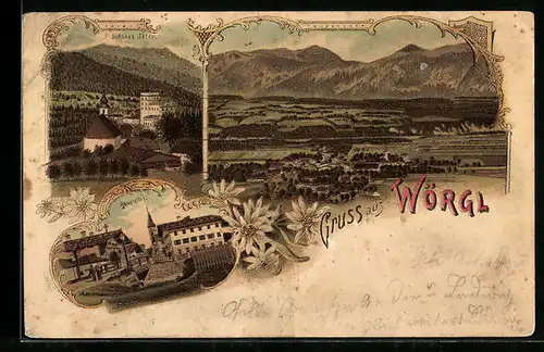 Lithographie Wörgl, Schloss Itter, Hauptplatz, Totalansicht aus der Ferne