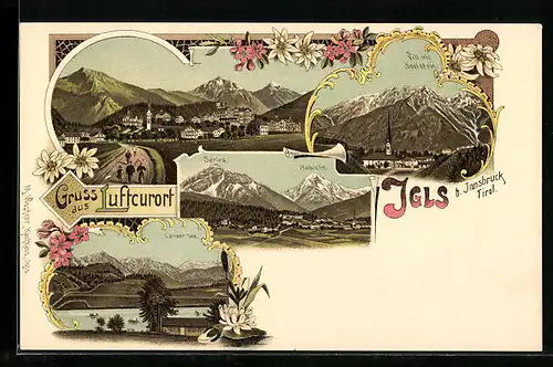 Lithographie Igls b. Innsbruck, Totalansicht, Vill mit Soolstein, Lanser See