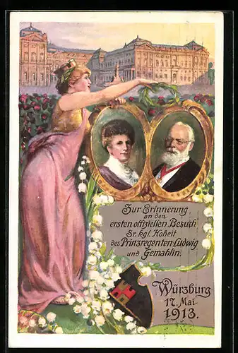 AK Ganzsache Bayern PP27C94: Würzburg, Erinnerung an den ersten offiziellen Besuch SKH Prinzregent Ludwig und Gemahlin