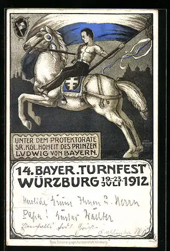 Künstler-AK Ganzsache Bayern PP 27C62 /01: Würzburg, 14. Bayer. Turnfest 1912, Turner auf Pferd