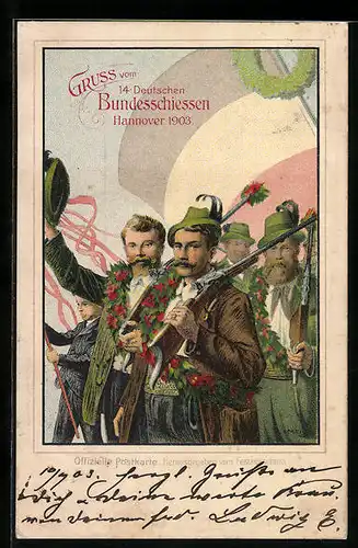 Lithographie Ganzsache PP27C17: Hannover, 14. Bundesschiessen 1903, Schützen mit Gewehren