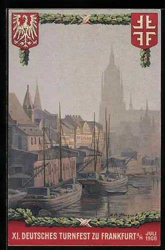 Künstler-AK Ganzsache PP27C97 /02: Frankfurt a. M., Flusspartie mit Segelschiffen am Steg, Deutsches Turnfest 1908
