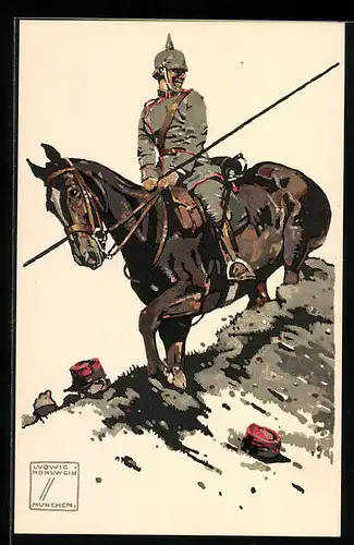 Künstler-AK Ludwig Hohlwein: Siegreicher Soldat zu Pferde auf dem Schlachtfeld