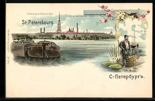 Lithographie St. Petersbourg, Forteresse de Pierre et Paul, Fischer mit seinem Fang