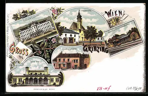 Lithographie Wien, Station der Zahnradbahn, Hauptplatz, Schloss Coblenzl, Belle Vue, Himmelstrasse