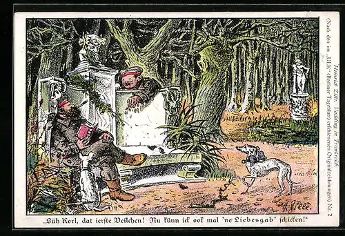 Künstler-AK Heinrich Zille: Soldat pflückt ein Veilchen im Wald