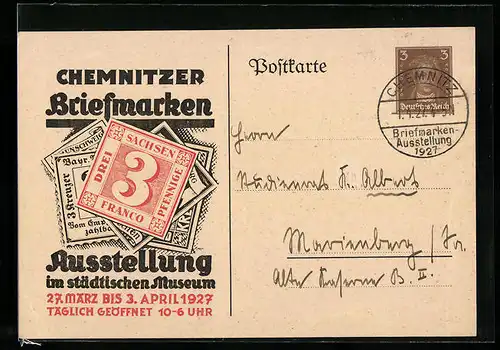 AK Ganzsache PP97C1: Chemnitz, Chemnitzer Briefmarken Ausstellung 1927, im städtischen Museum