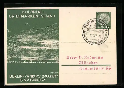 Künstler-AK Ganzsache PP127C25: Berlin-Pankow, Kolonial-Briefmarken-Schau 1937