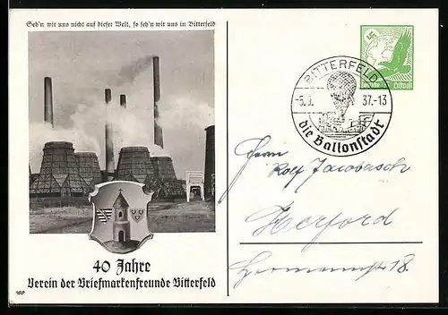 AK Ganzsache PP142D1: Bitterfeld, 40 Jahre Verein der Briefmarkenfreunde Bitterfeld, Wappen