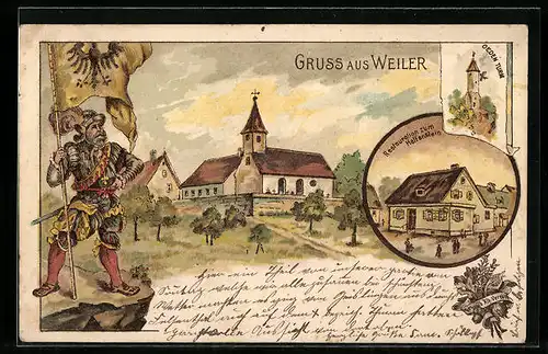 Lithographie Weiler, Restaurant Helfenstein, Ortspartie mit Kirche, Oeden-Turm