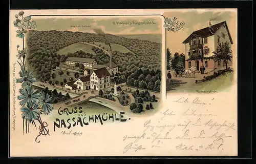 Lithographie Nassachmühle, G. Wagner`s Pappenfabrik und Weg nach Adelberg, Restaurant