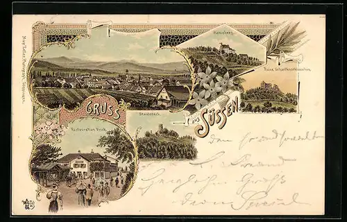 Lithographie Süssen, Restaurant Frick, Ruine Scharffenschlösschen, Staufeneck