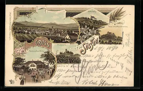 Lithographie Süssen, Restaurant Frick, Ruine Scharffenschlösschen, Staufeneck