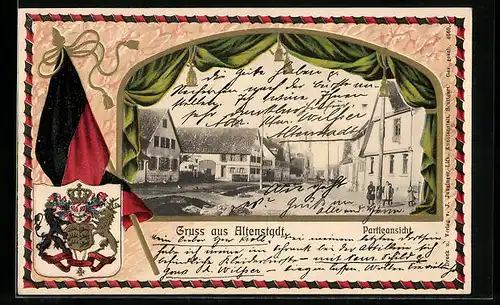 Passepartout-Lithographie Altenstadt, Strassenpartie mit Kindern, Wappen mit Fahne